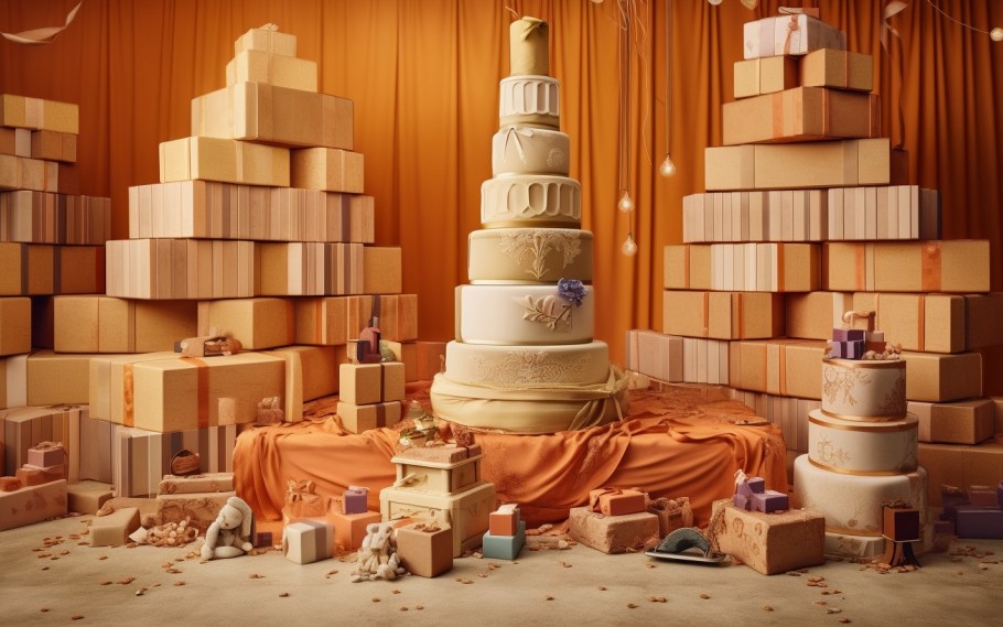 AI-generated image of a wedding cake surrounded by gifts