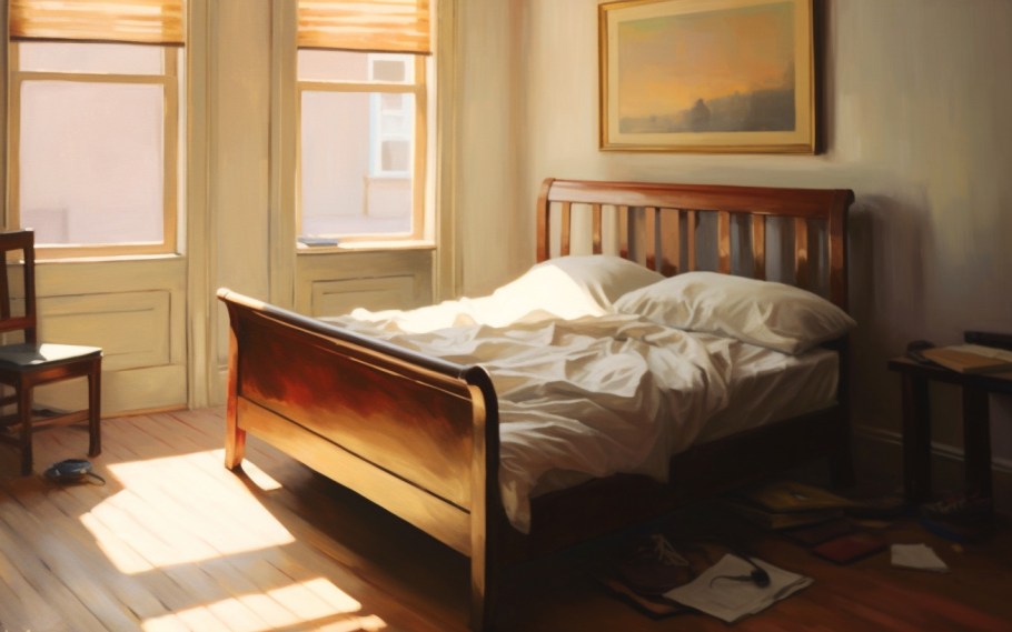 AI-generated image of a painting of a bed on a wooden bed frame in a bedroom