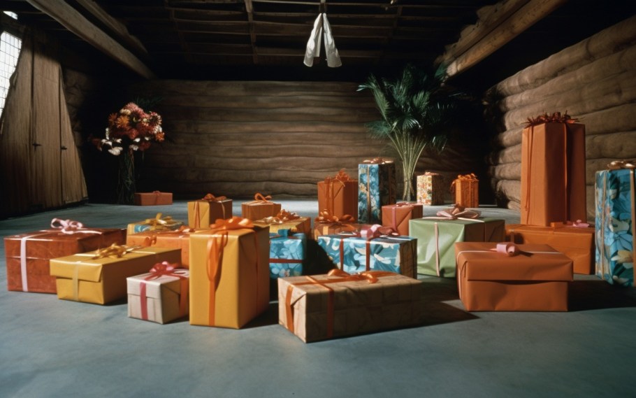 AI-generated image of gifts inside of a wooden room