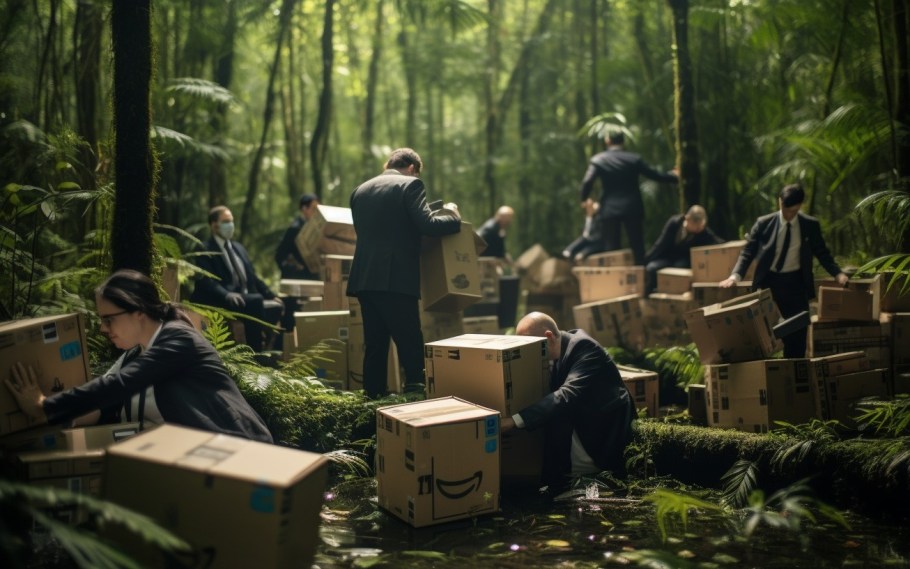 AI-generated image of people trapped in amazon rain forest with boxes