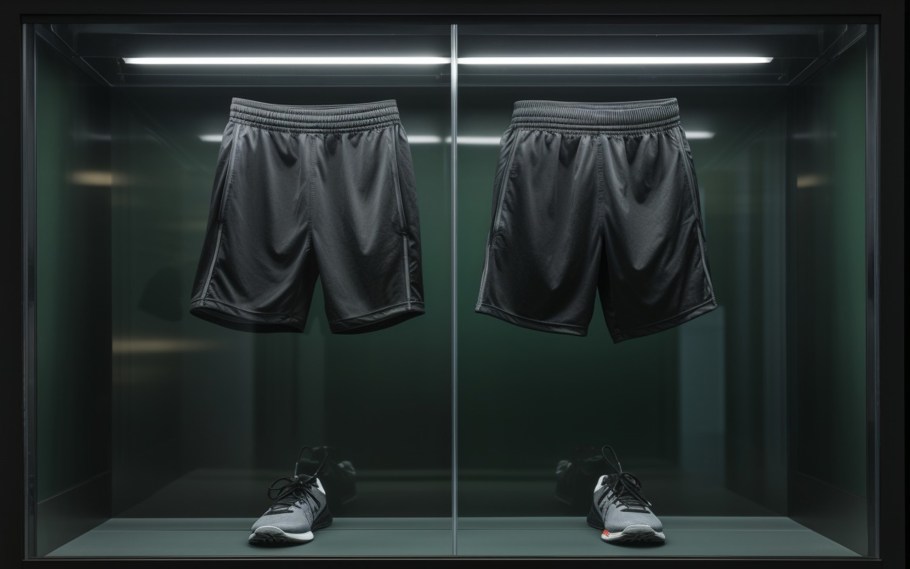 black shorts and sneakers behind a clear case