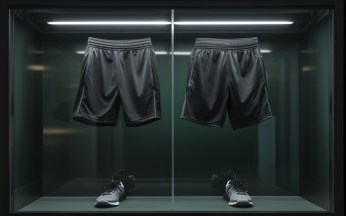 black shorts and sneakers behind a clear case