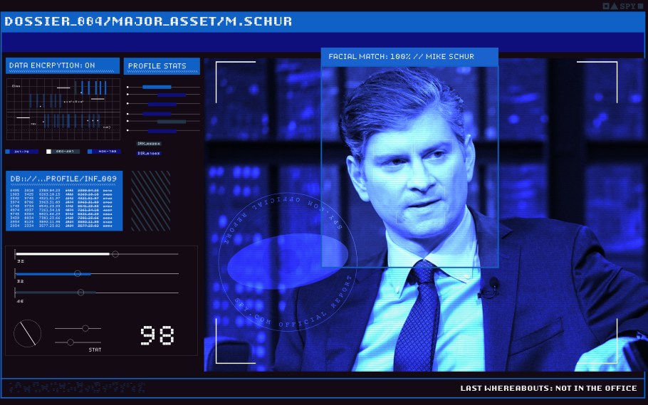 mike schur displayed on a spy computer screen