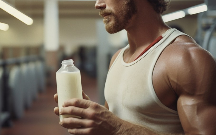 man in a tank top drinking milk