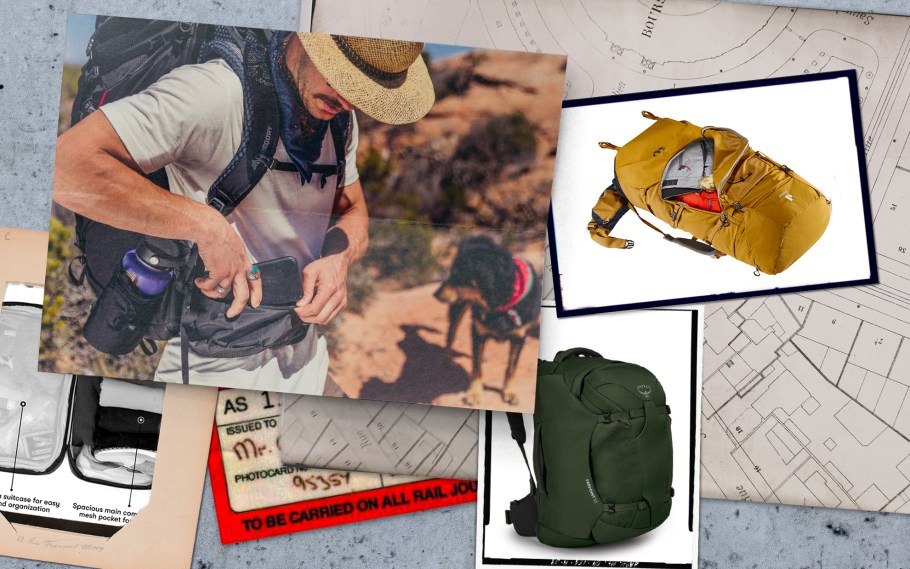 collage featuring various travel backpacks