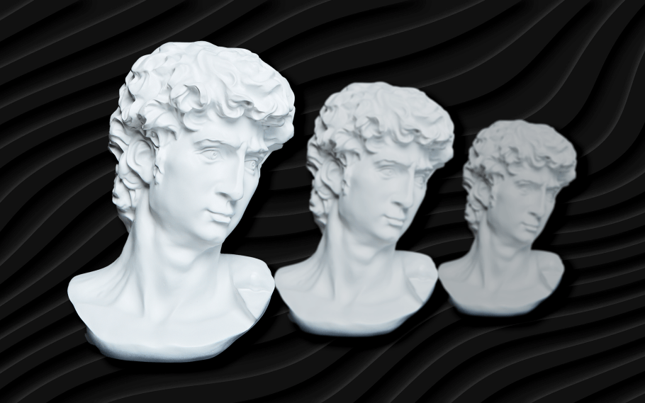 Three white male busts on a black background